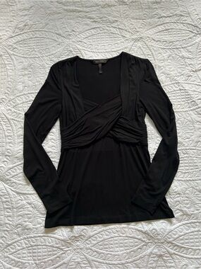 BCBG Max Azria Black Twist Front Long Sleeve Top Designer Stretch Blouse